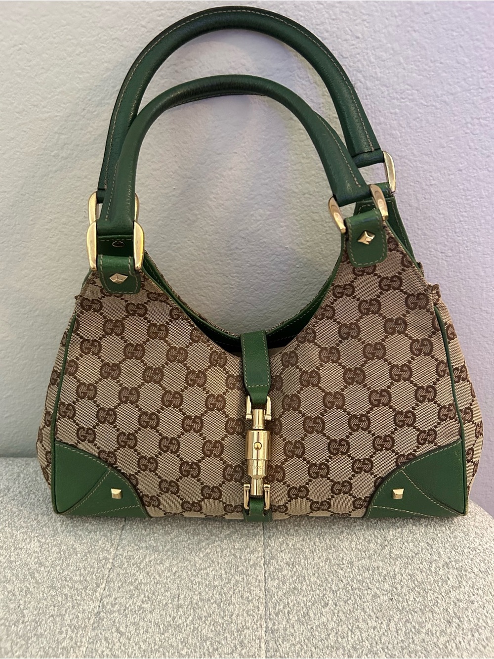 Gucci Beige GG Canvas Shoulder Bag with Green Trim